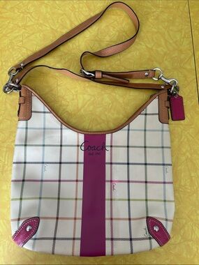 Coach Plaid Tattersall Heritage Stripe Hobo Shoulder Handbag Purse